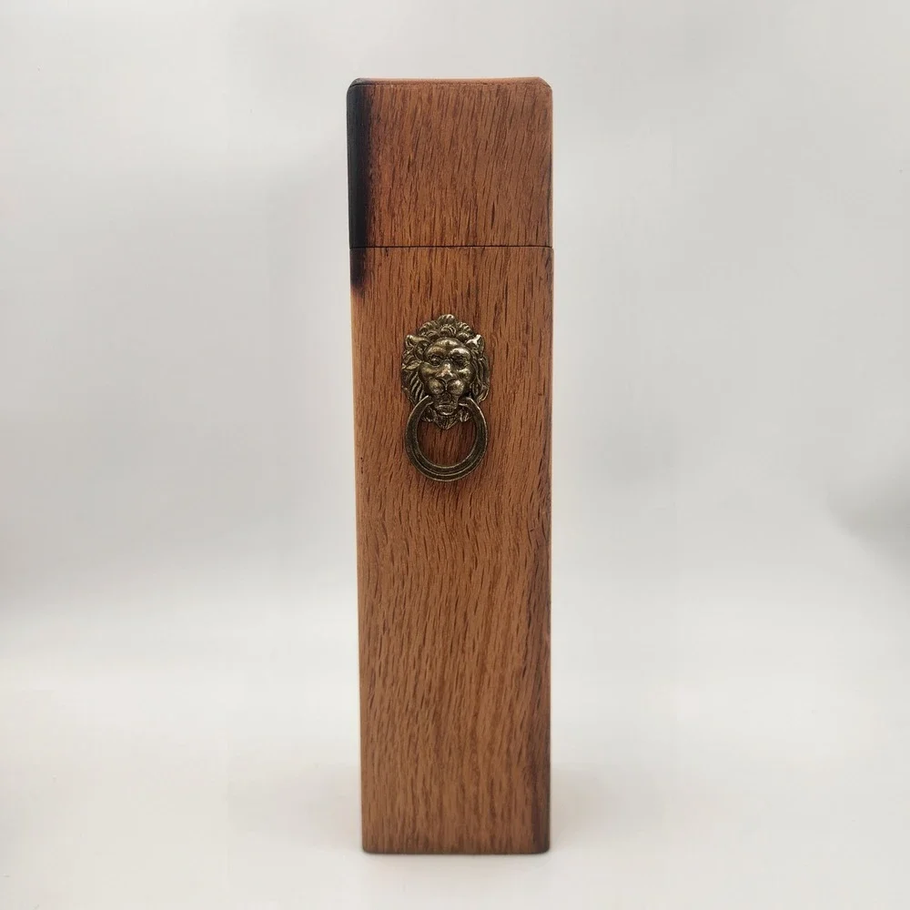 Vintage Oak Wood Match Box Tall Lion Head Knocker Singed Detail Rustic Gothic
